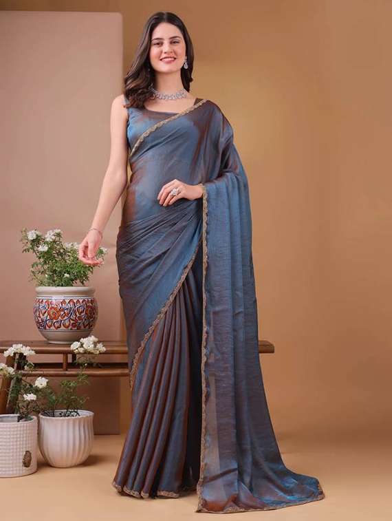 women solid with embellished bordered saree with blouse