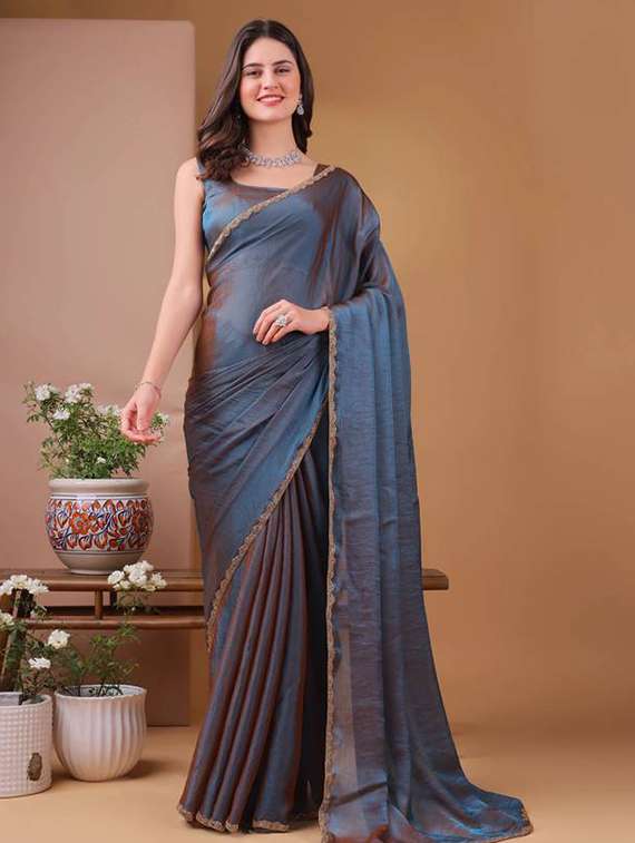women solid with embellished bordered saree with blouse