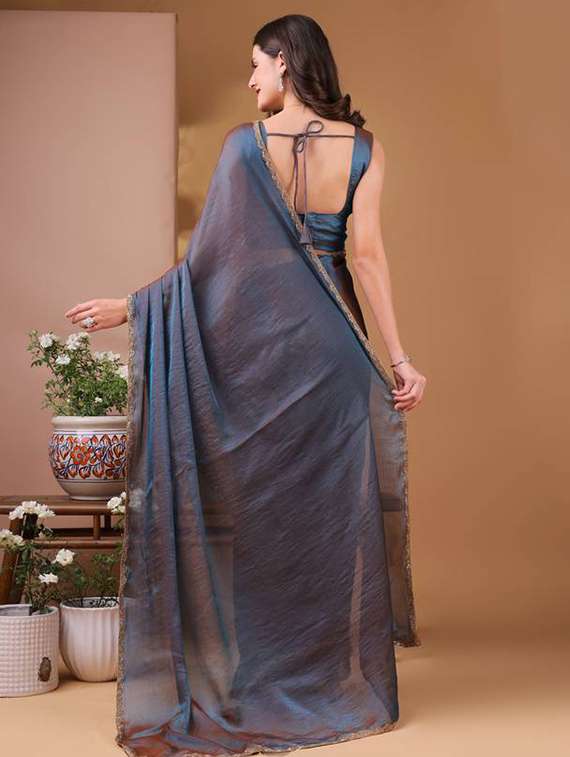 women solid with embellished bordered saree with blouse - 22362004 -  Standard Image - 3