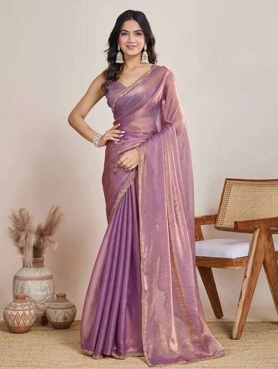 women solid with embellished bordered saree with blouse