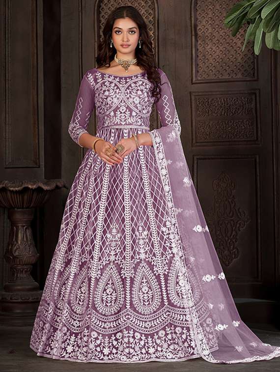 women solid with work round neck semi-stitched gown