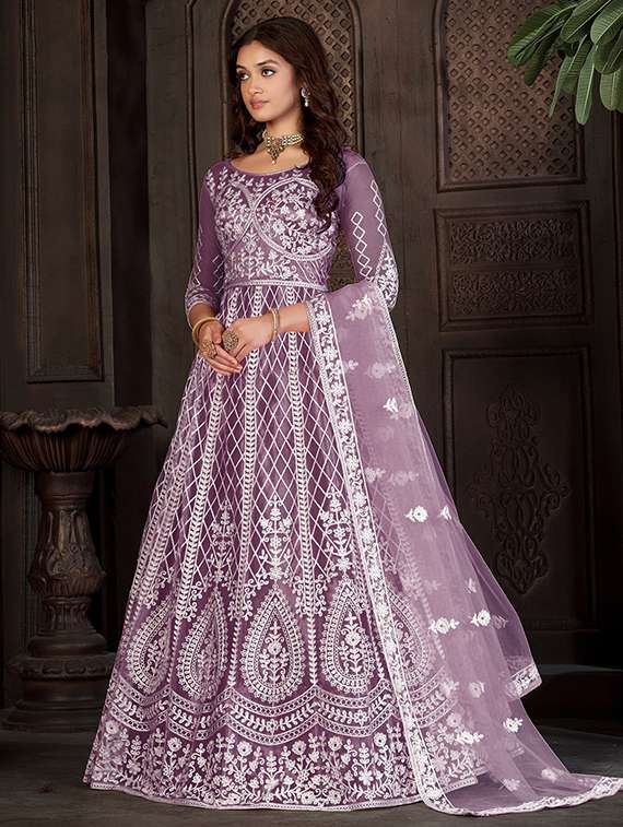 women solid with work round neck semi-stitched gown - 22362014 -  Standard Image - 3