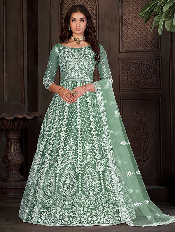 women solid with work round neck semi-stitched gown