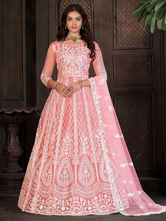 women solid with work round neck semi-stitched gown