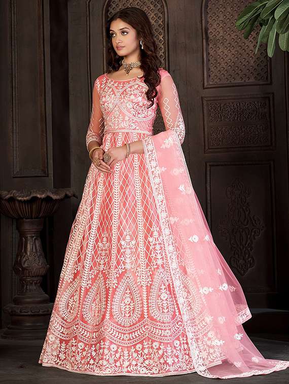 women solid with work round neck semi-stitched gown - 22362016 -  Standard Image - 3