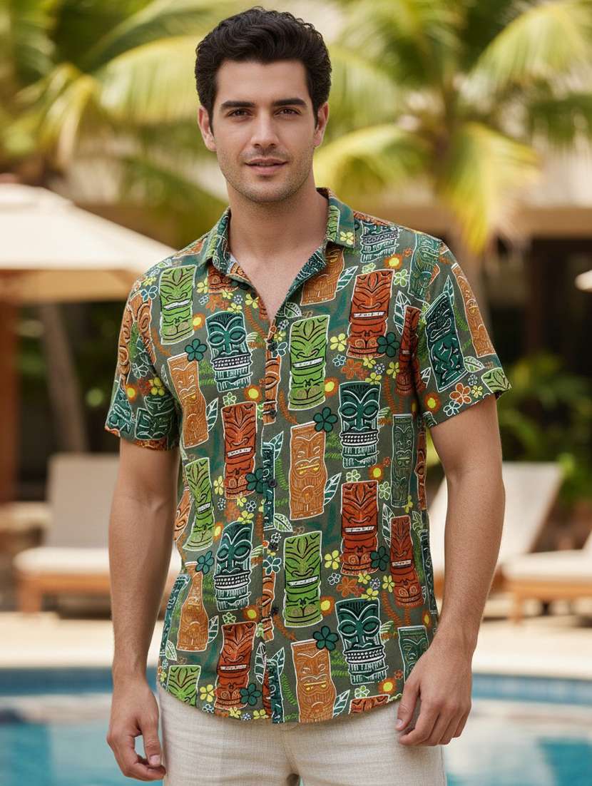 men printed short sleeve regular fit casual shirt