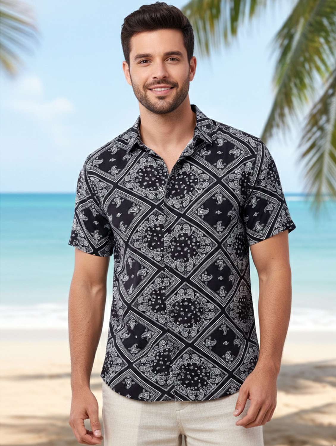 men printed short sleeve regular fit casual shirt