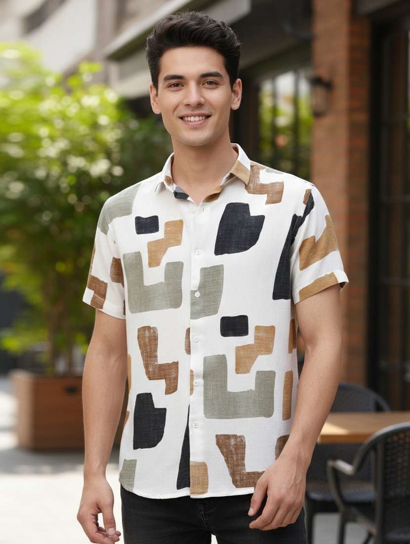 men printed short sleeve regular fit casual shirt