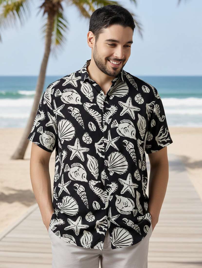 men printed short sleeve regular fit casual shirt