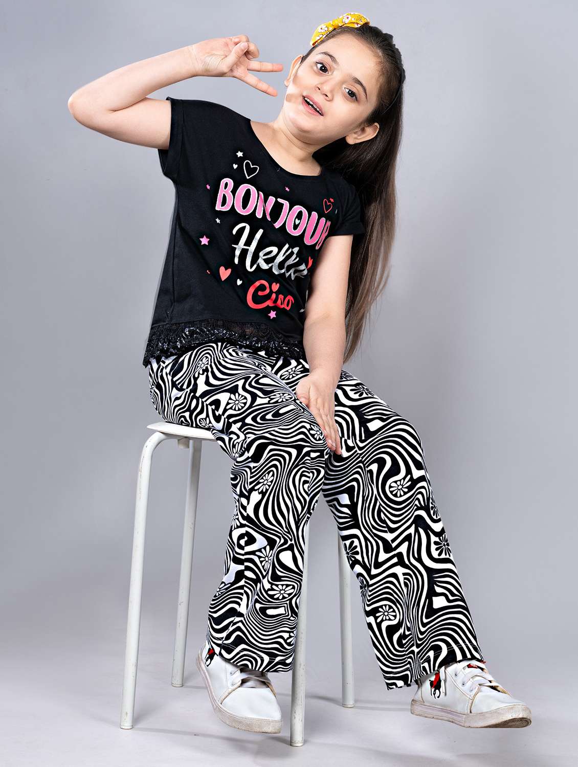 girls printed top and palazzo full length set