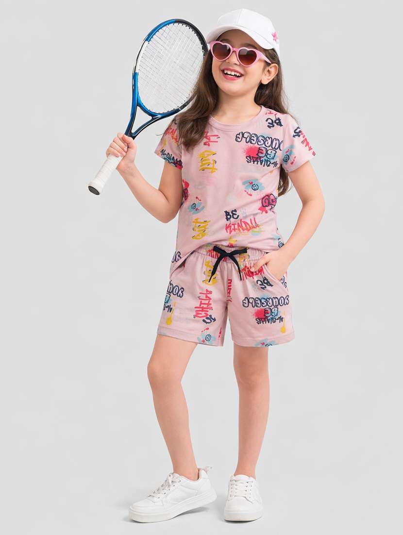 girls printed t-shirt & shorts co-ord set