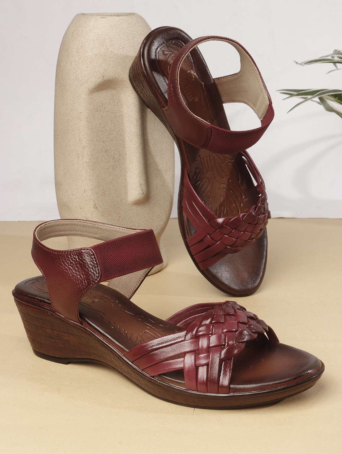 women solid ankle strap wedges