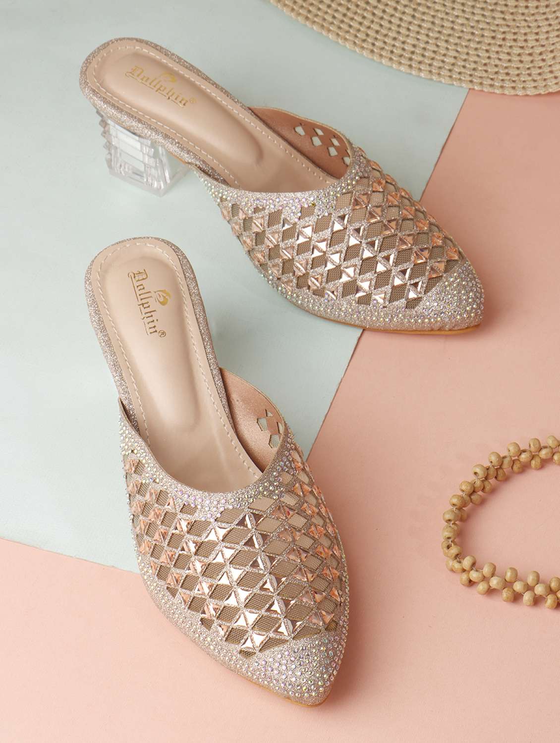 women slip on block heel mules