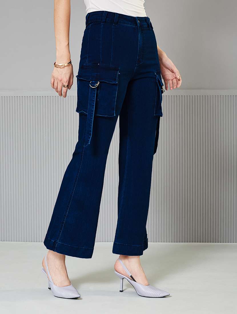 women solid high rise denim cargo