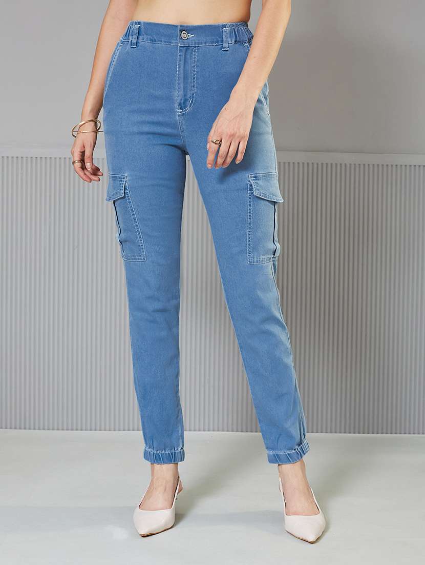 women solid high rise denim cargo