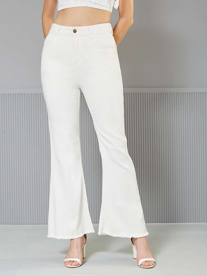 women solid high rise bootcut jeans