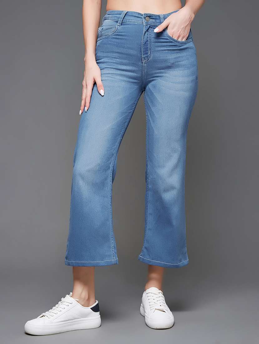women solid high rise bootcut jeans