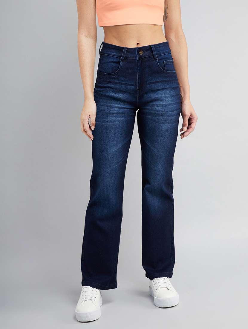 women solid high rise bootcut jeans