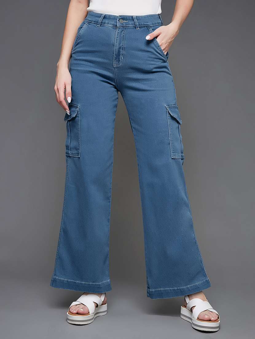 women solid high rise denim cargo