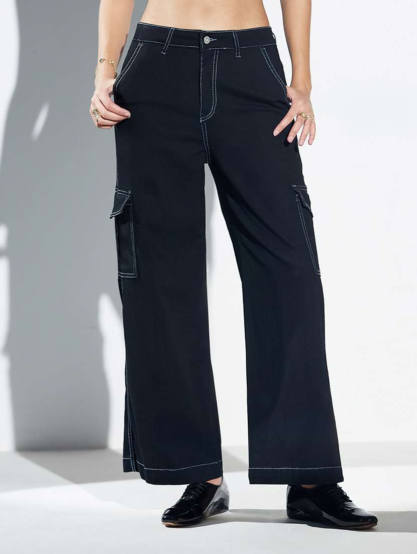 women solid high rise denim cargo