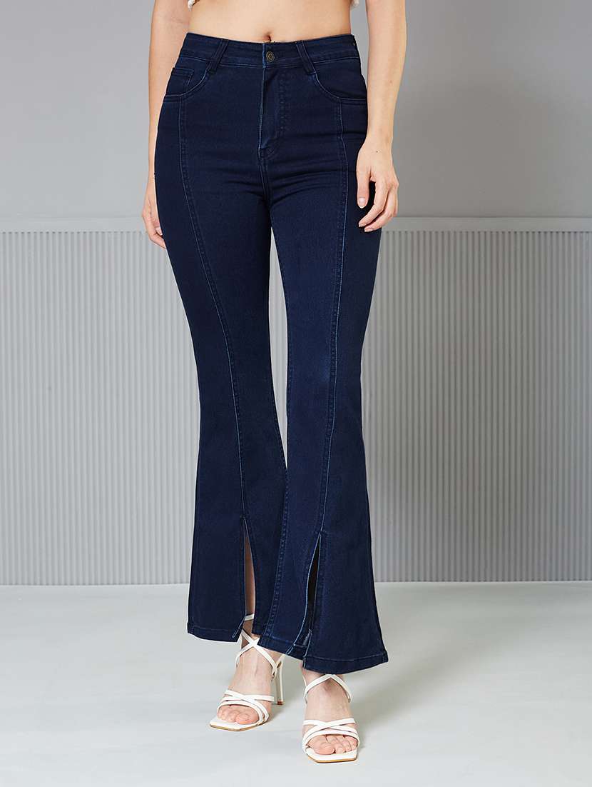 women solid high rise bootcut jeans