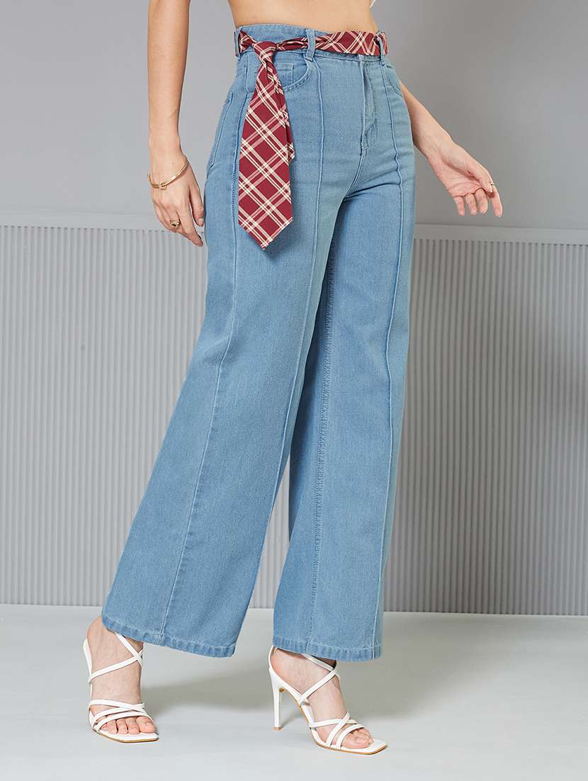 women solid high rise wide leg jeans