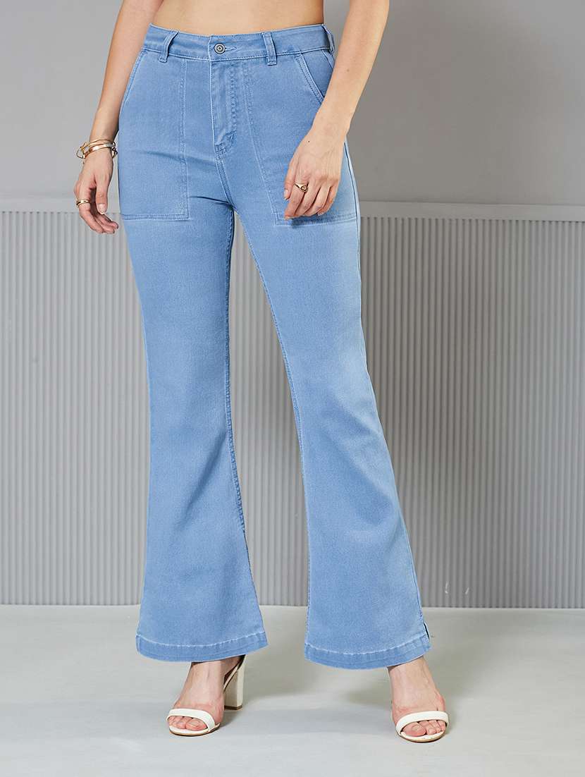 women solid high rise bootcut jeans