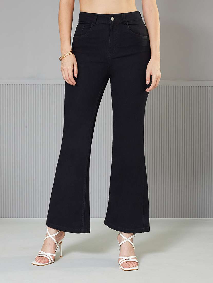 women solid high rise bootcut jeans