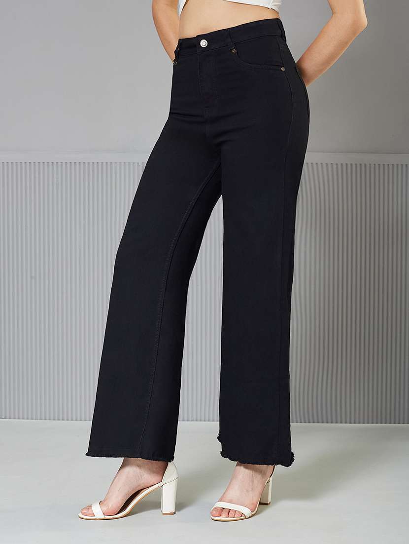 women solid high rise wide leg jeans