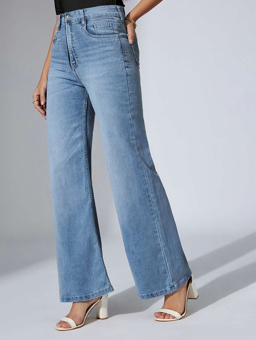 women solid high rise wide leg jeans