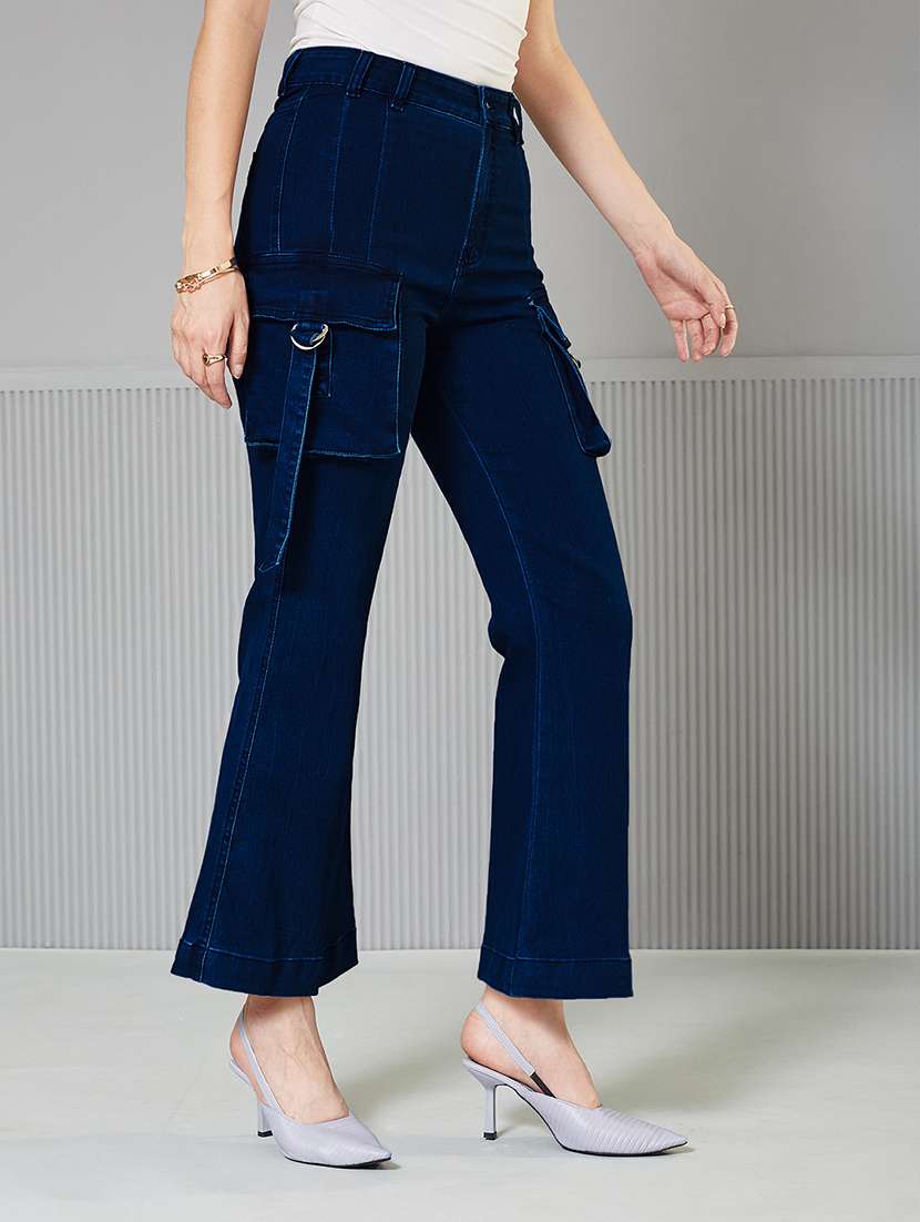 women solid high rise denim cargo
