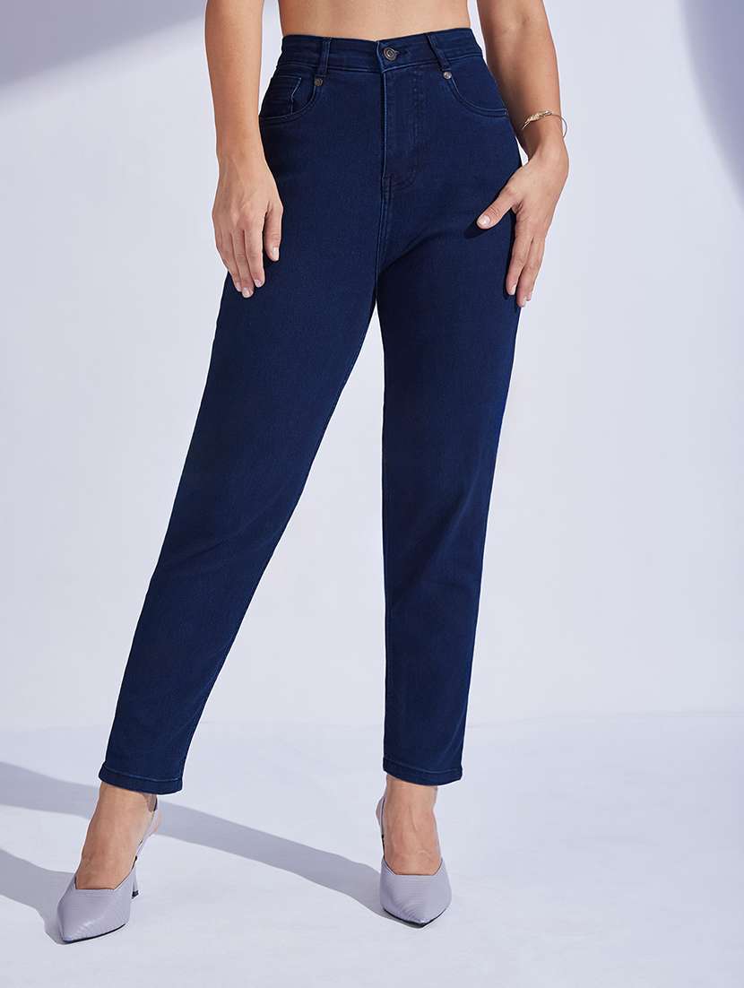 women solid high rise mom jeans