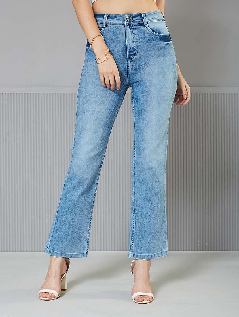women solid high rise bootcut jeans