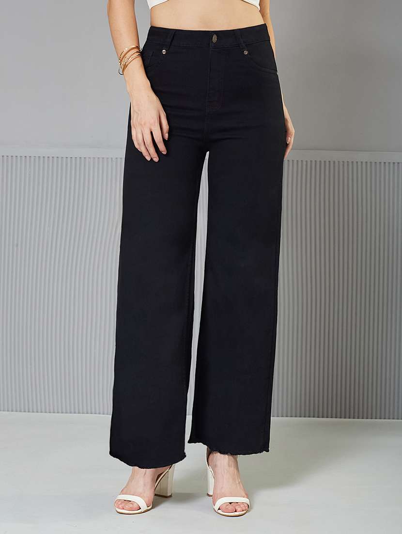 women solid high rise wide leg jeans