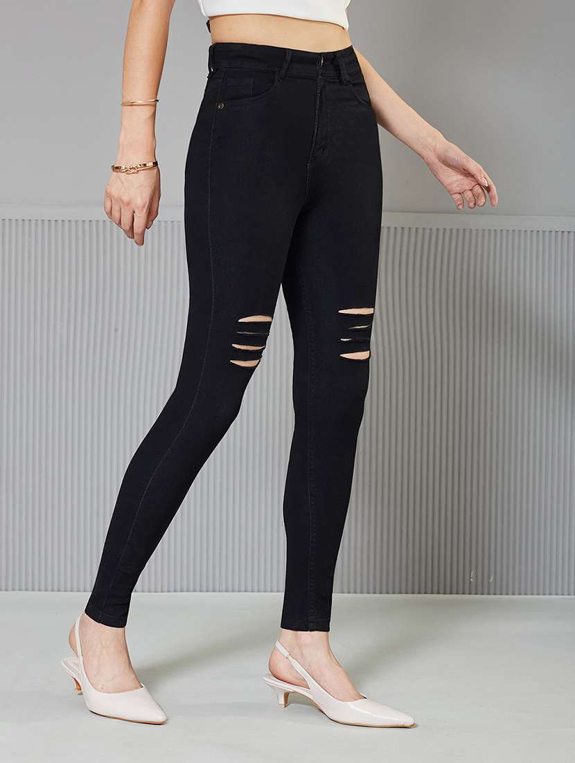 women slash knee high rise skinny fit jeans