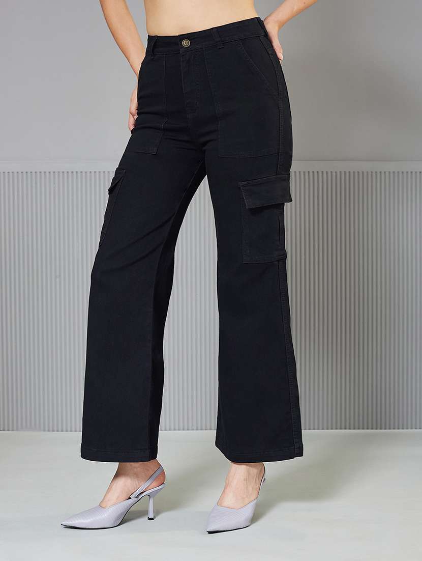 women solid high rise denim cargo