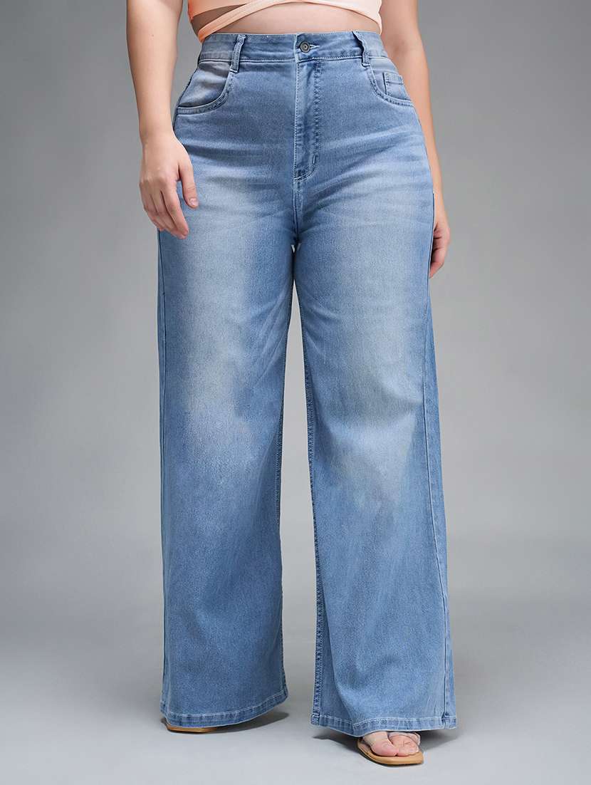 womne plus size solid high rise wide leg jeans
