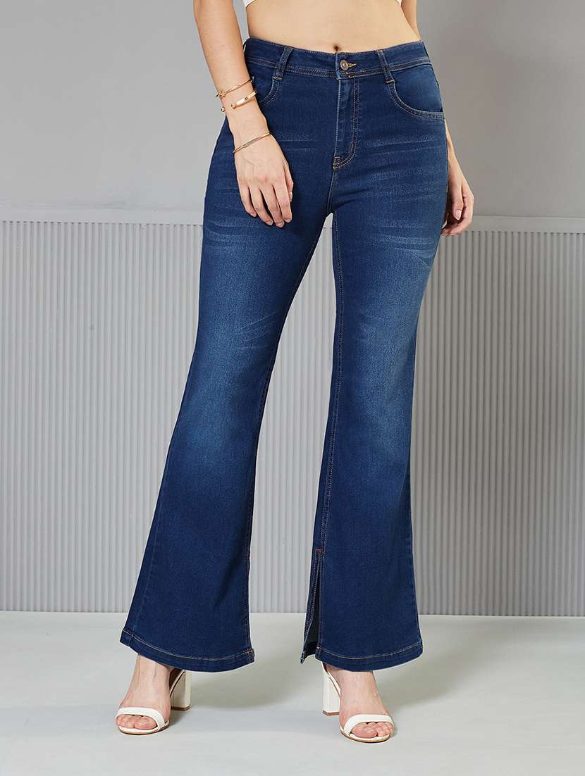 women solid high rise bootcut jeans