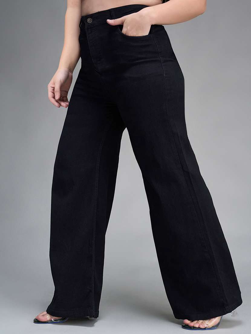 womne plus size solid high rise wide leg jeans