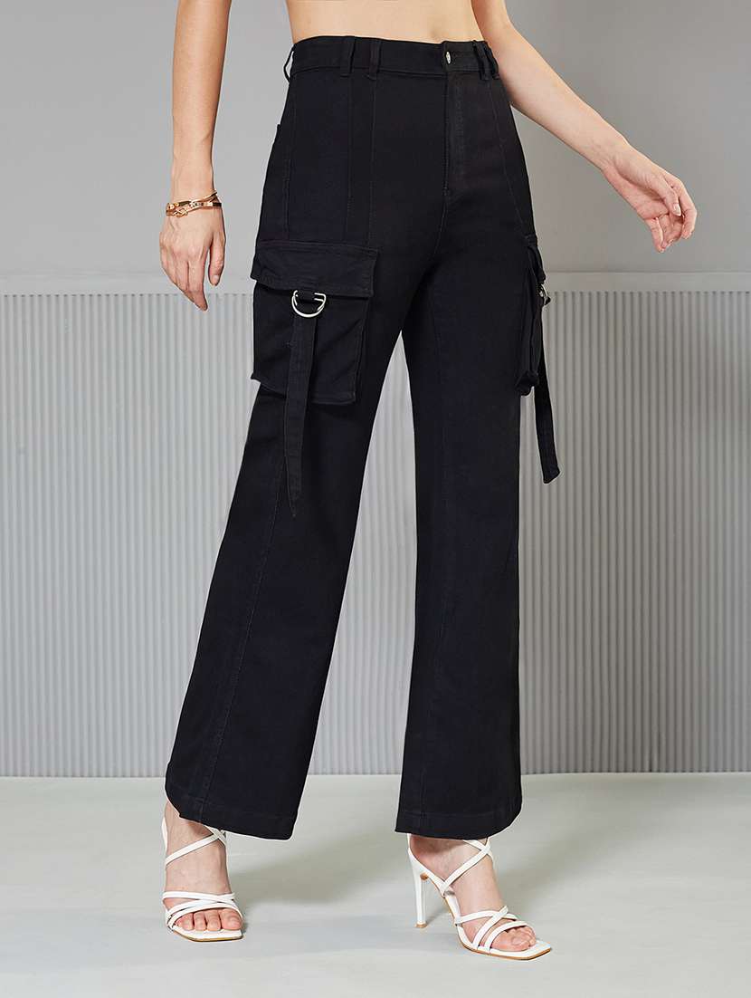 women solid high rise denim cargo