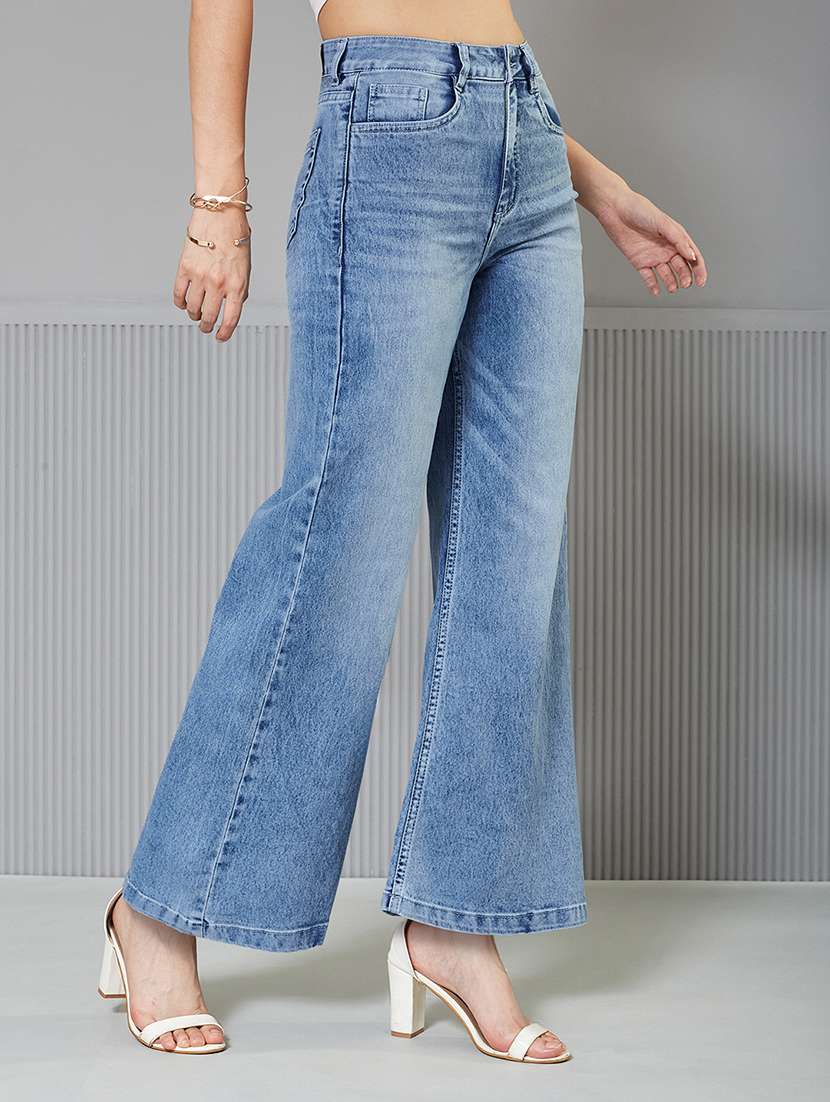 women solid high rise wide leg jeans