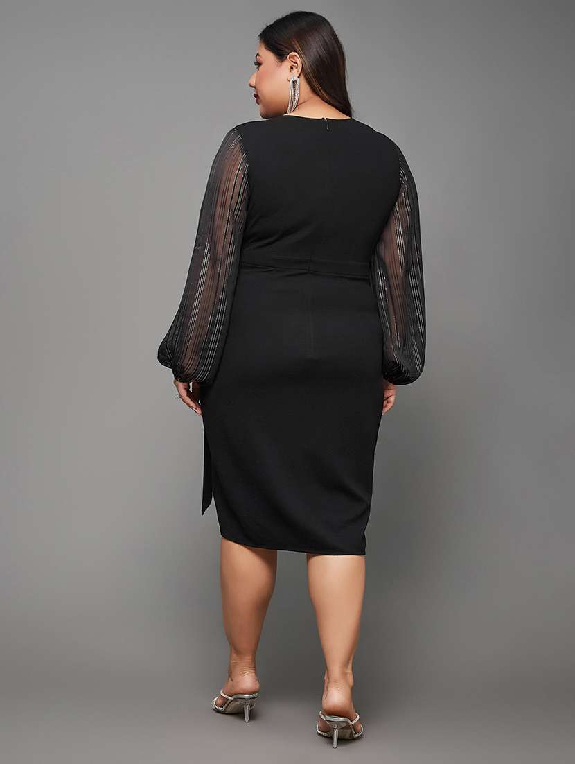 women plus size solid puff sleeve wrap dress - 22362445 -  Standard Image - 3