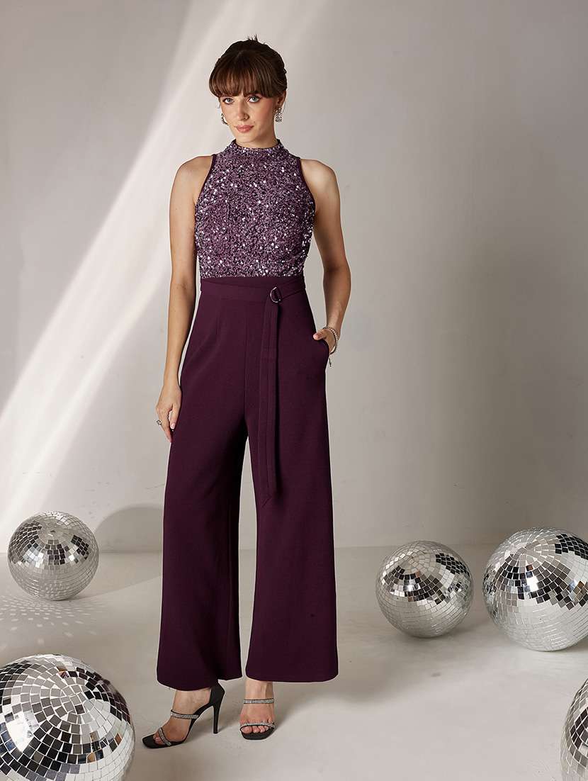 women sequined halter neck sleeveless jumpsuit