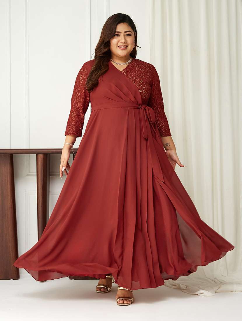 women plus size solid long sleeve laec wrap dress