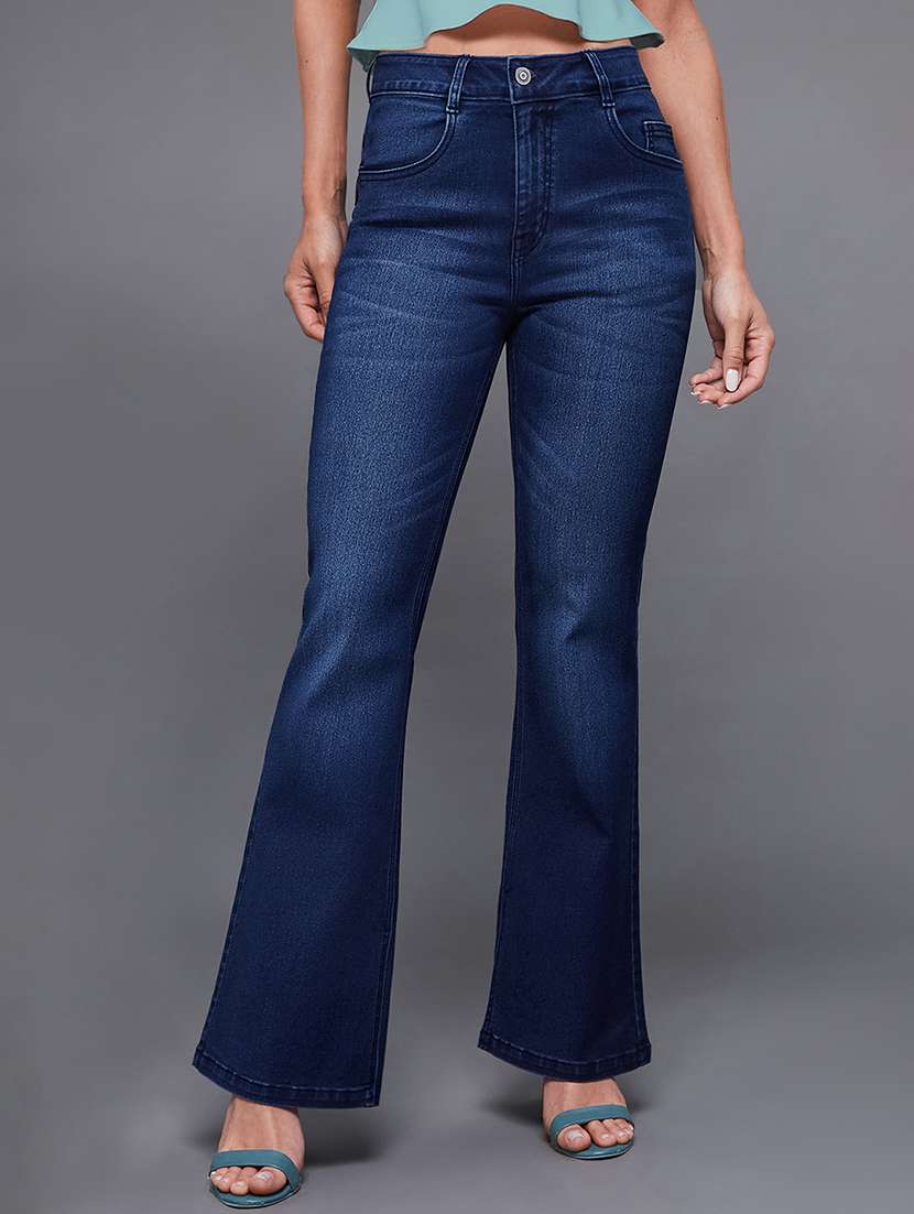women solid high rise bootcut jeans