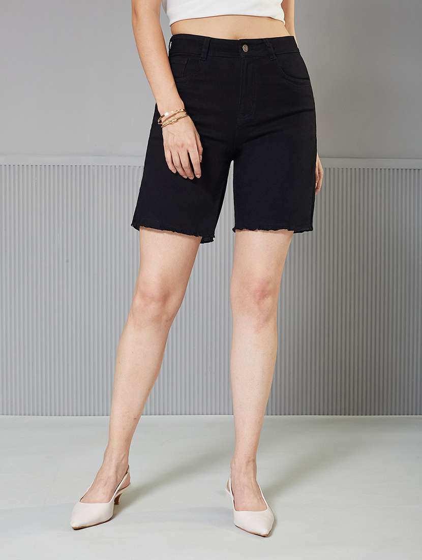 women solid high rise denim shorts