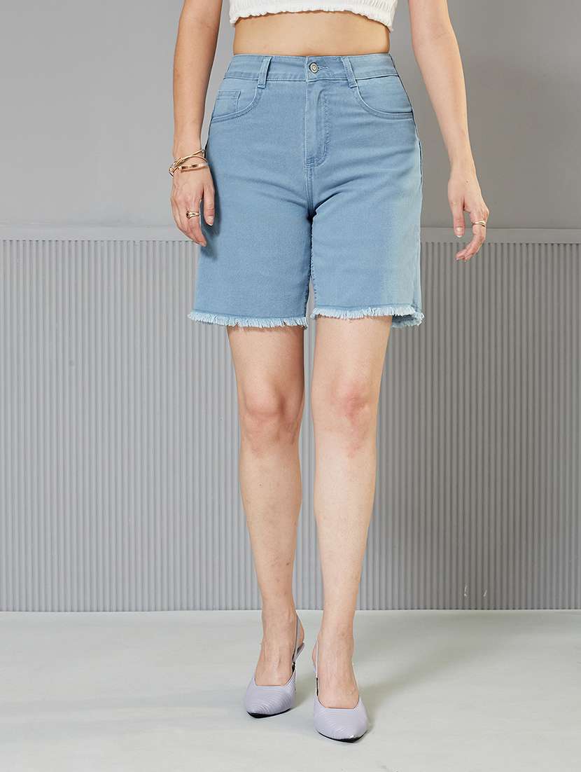 women solid high rise denim shorts