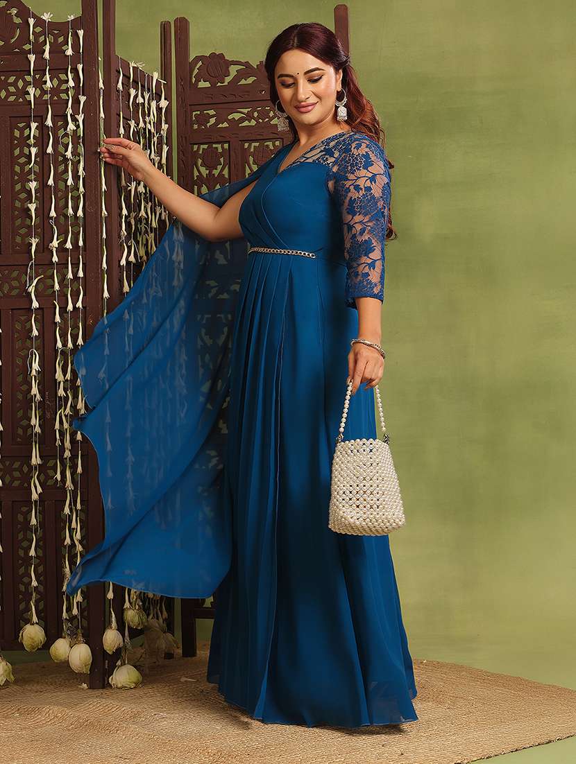 women solid three quarter sleeve lace wrap dress - 22362476 -  Standard Image - 3