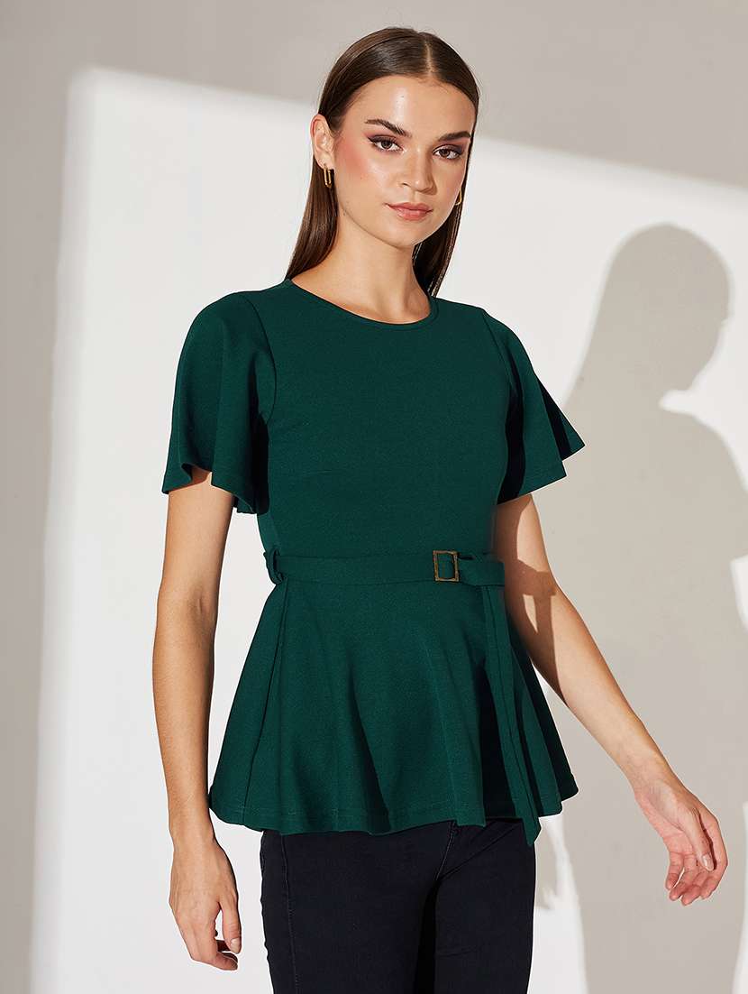 women solid flared sleeve peplum top