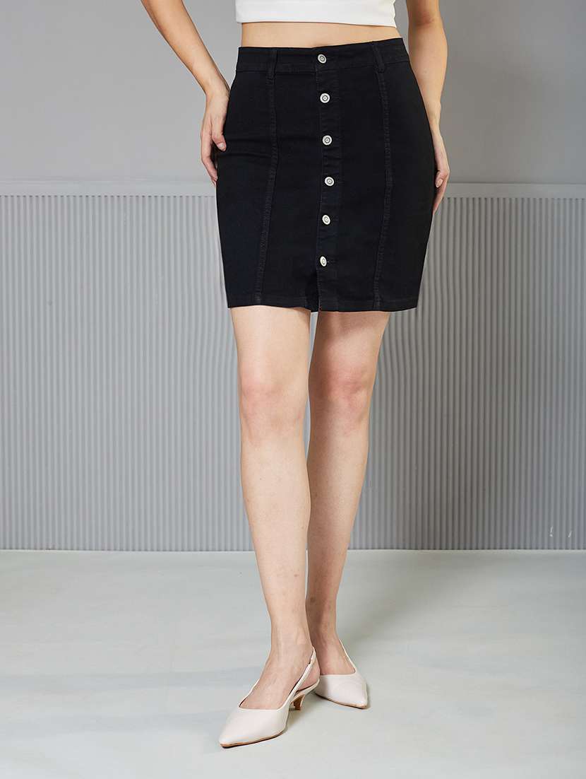women solid high rise denim skirt